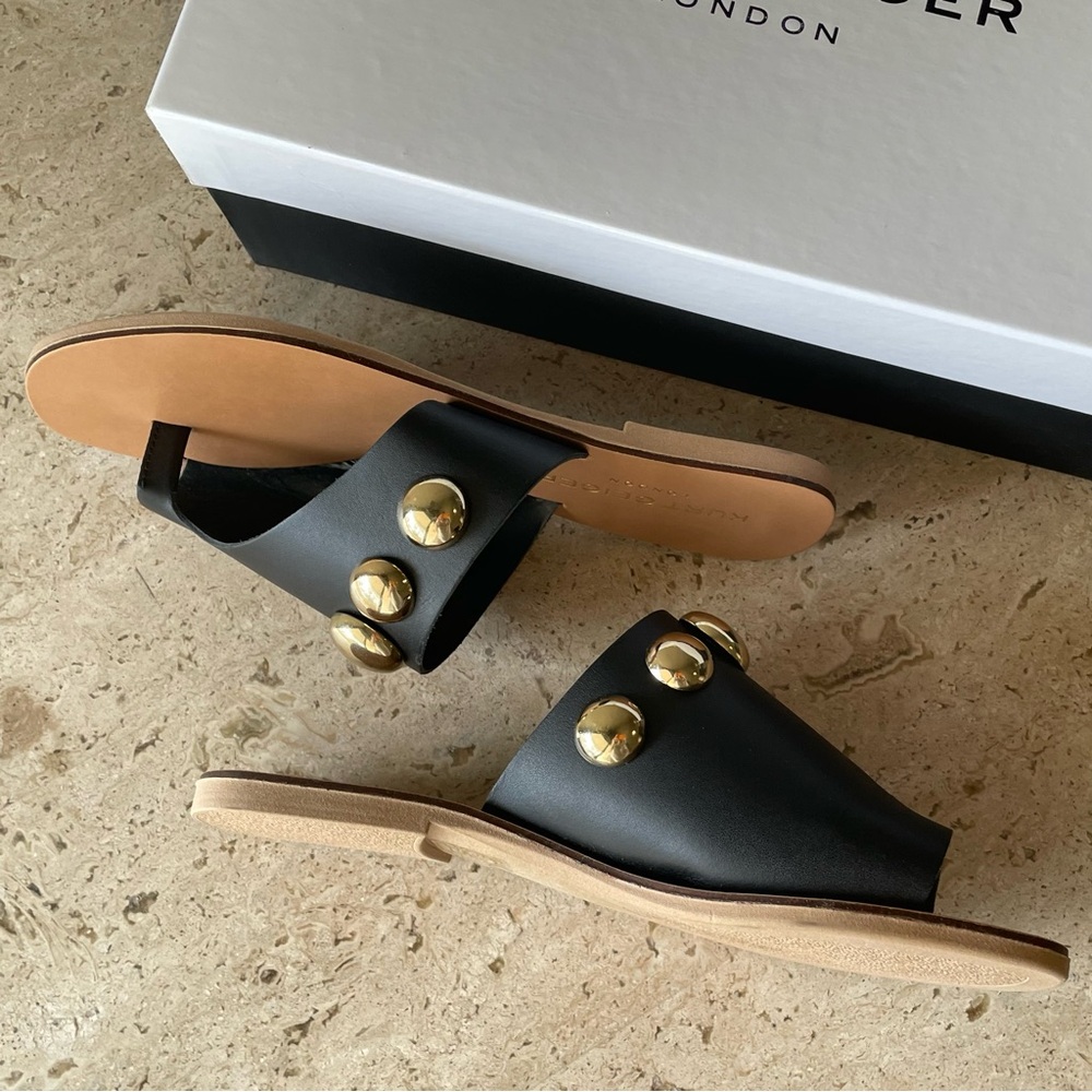 KURT GEIGER Black Leather Gold Ball Studded Toe Ring Sandals - EU 38 / 7.5-8 NIB - Picture 9 of 14
